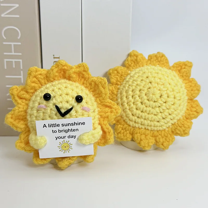 Funny Positive Crochet Sunshine Doll Desktop Ornament Handmade Cheer Emotional Support Positive Sun with Card Home Party Decor 3 S55b92e8abe5243e399adefbe1e9e764cR