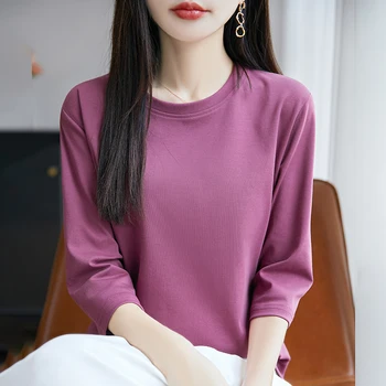 Spring And Summer New Cropped Sleeve Women's Round Neck Cotton T-shirt Loose Mercerized Cotton Short Sleeve Bottoming Shirt 1