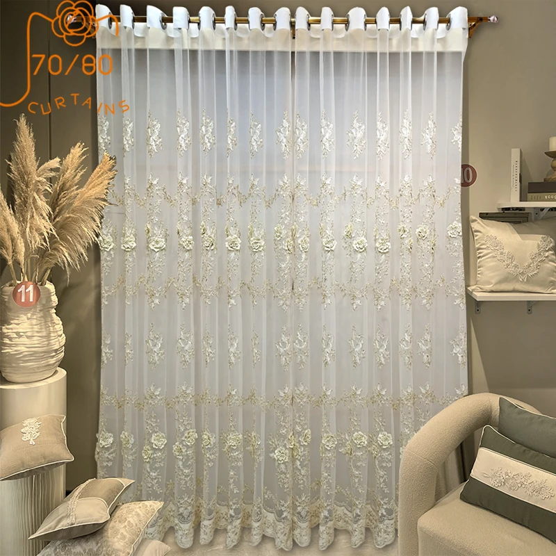 

French Embossed Embroidered Screen Curtains for White Screen Balcony Living Room Floating Window French Window Customized