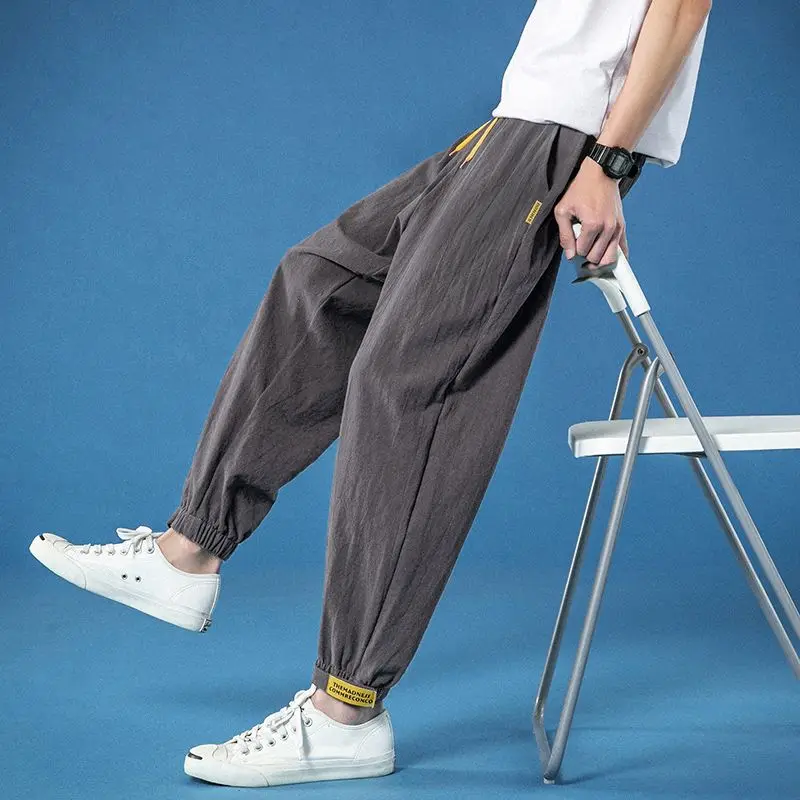 Spring Autumn New Fashion Korean Style High Waist Pockets Men's Clothing Cotton All Match Hemp Tie Feet Casual Loose Solid Pants