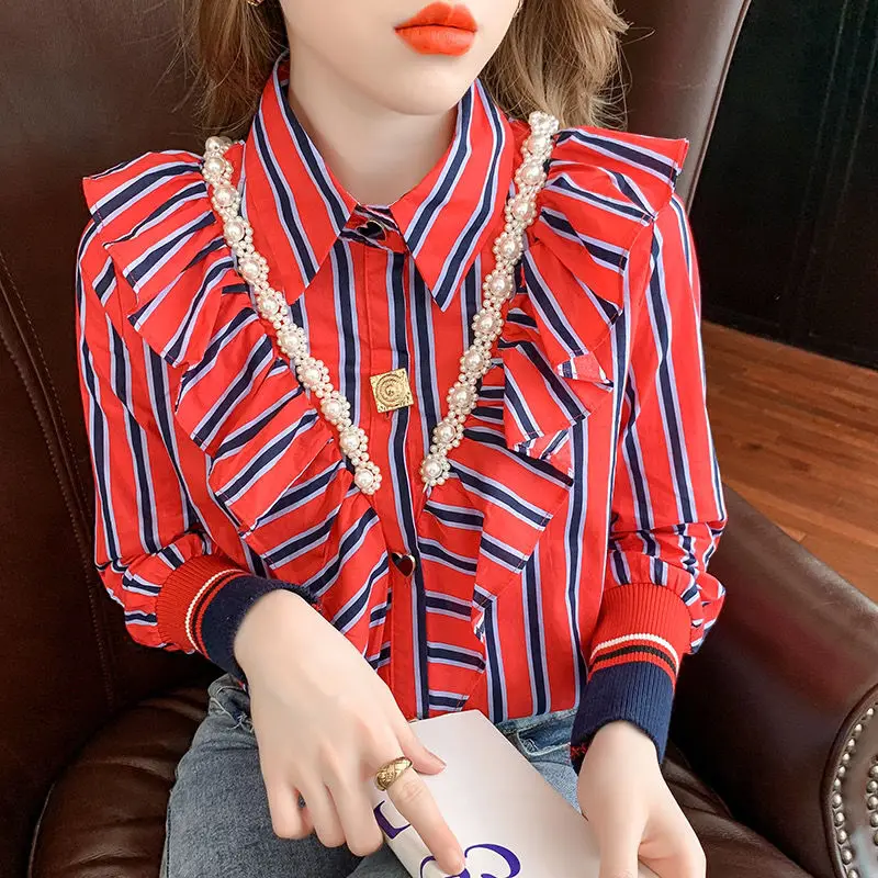 Fashion Printed Spliced Beading Ruffles Striped Shirt Women's Clothing 2023 Autumn Winter New Casual Tops Office Lady Blouse