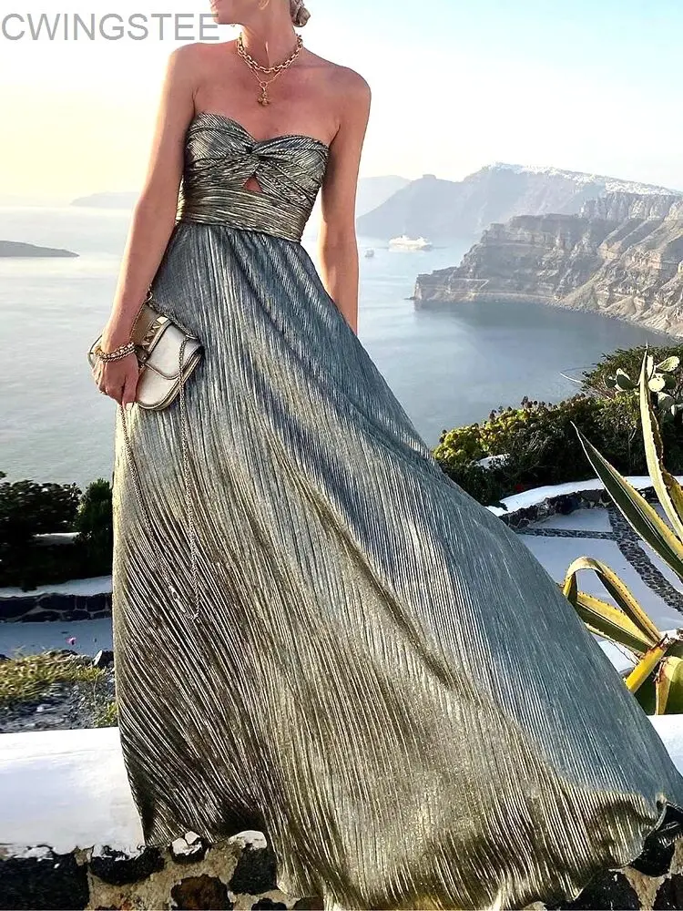 

2024 Sexy Twist Strapless Hollow Out Long Dress Women Boho Elegant Bronzing Evening Dress Fashion Sleeveless A-Line Party Dress