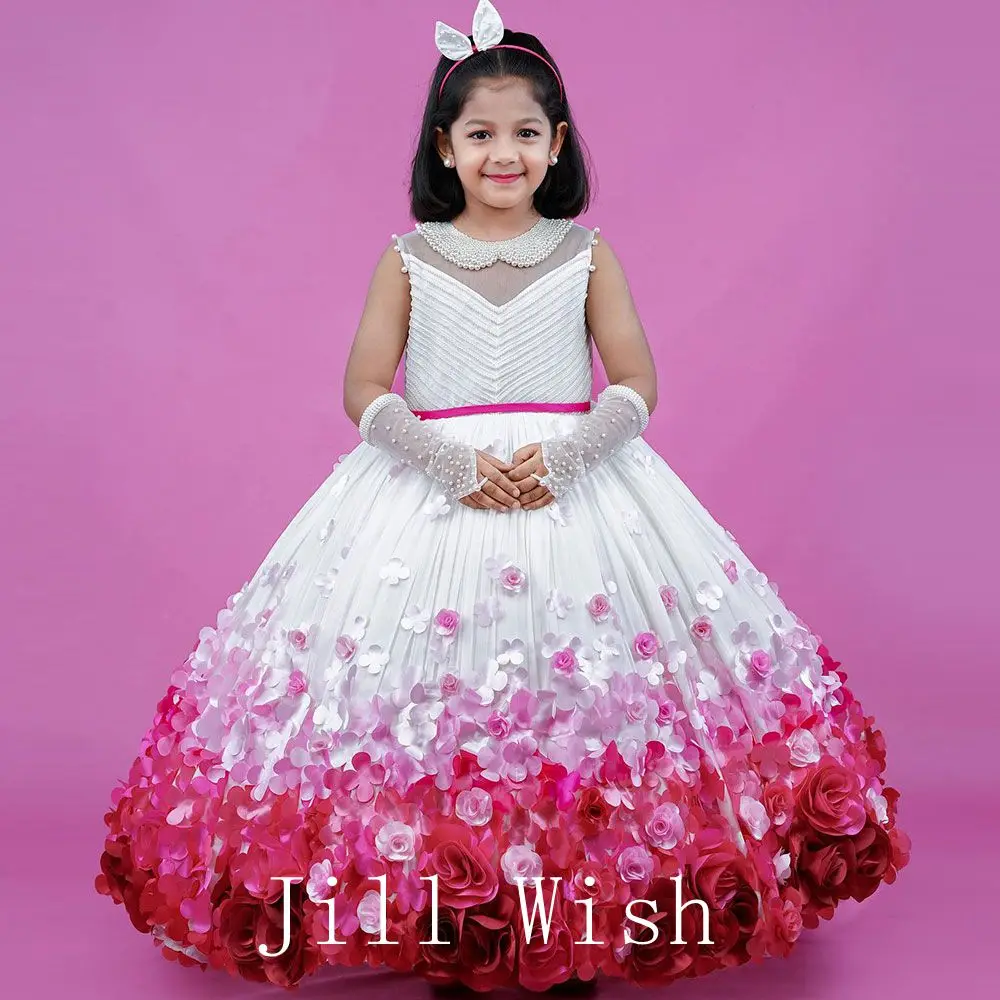

Jill Wish Elegant White Girl Dress Flowers Pearls Princess Arabic Gown for Kids Wedding Communion Party Quinceanera 2024 J170