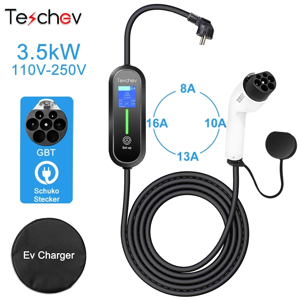 Teschev EV Portable Charger GB/T Plug Connecto16A 1Phase 3.5KW 5Meters Wallbox Charging Station for Electric Vehicle