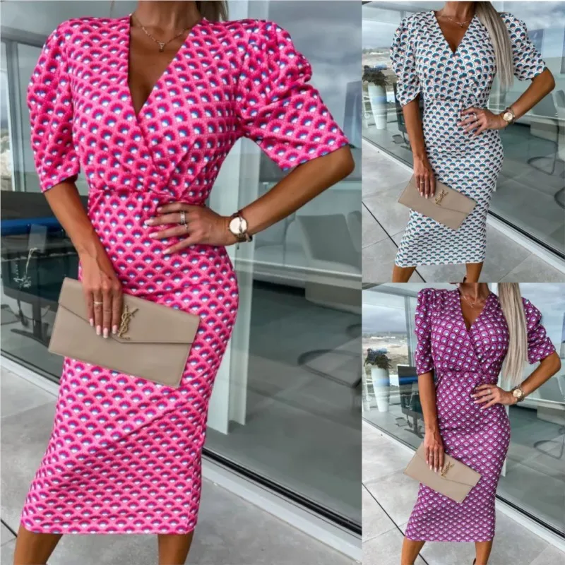 

Summer Women Bubble Sleeve V-neck Short Sleeve Vestido High Waist Wrap Hip Print Slim Fit Mid Length One Step Dresses Party