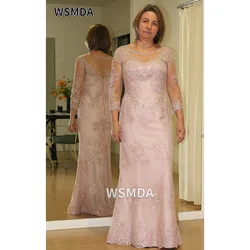 2021 Illusion Mother Of The Bride Dresses Scoop Neck Lace Applique Tulle 3/4 Sleeves Formal Dress Wedding Party Dress