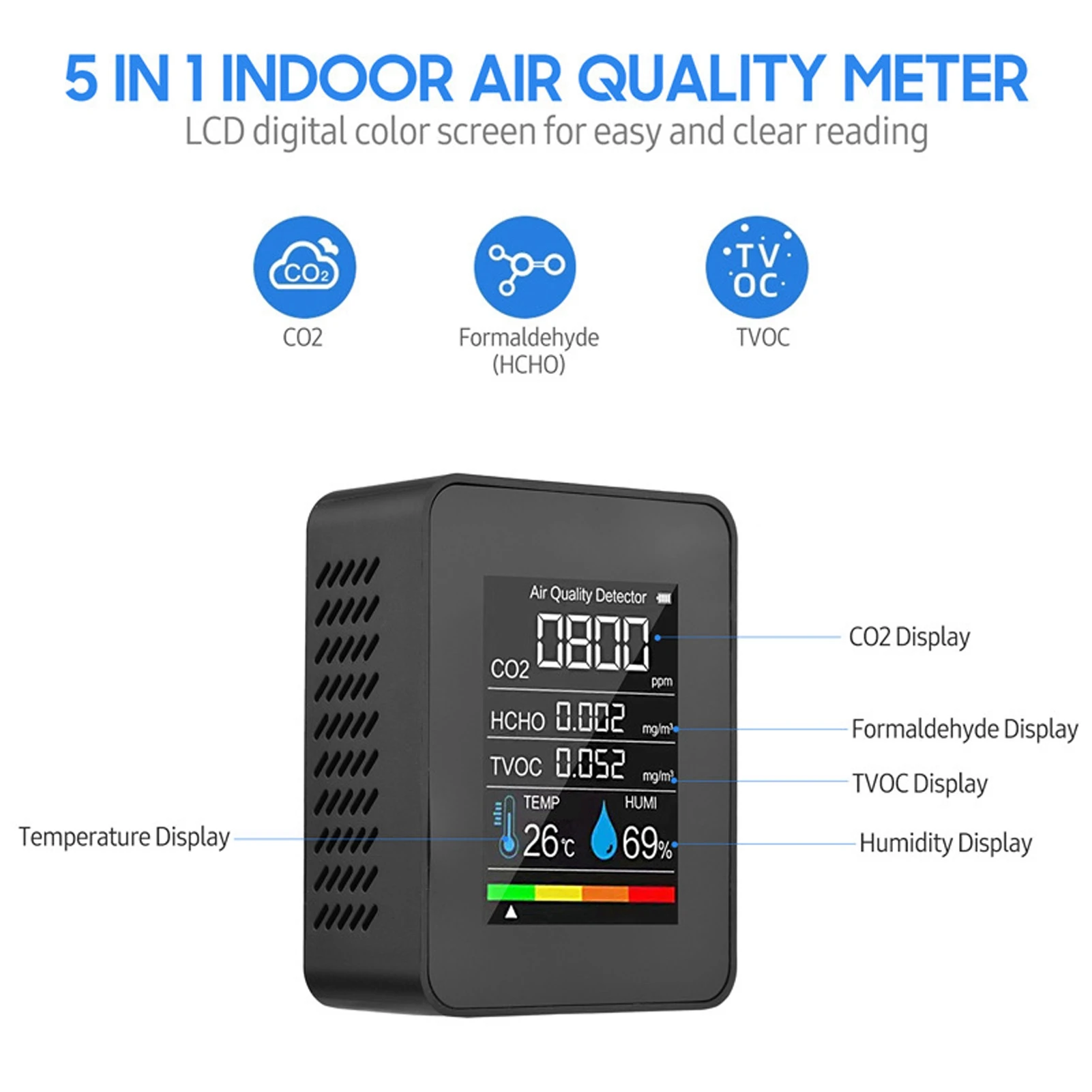 Black CO2 Carbon Dioxide Detector LCD TVOC HCHO Temperature Humidity Air Quality Meter TVOC HCHO Detector Air Quality