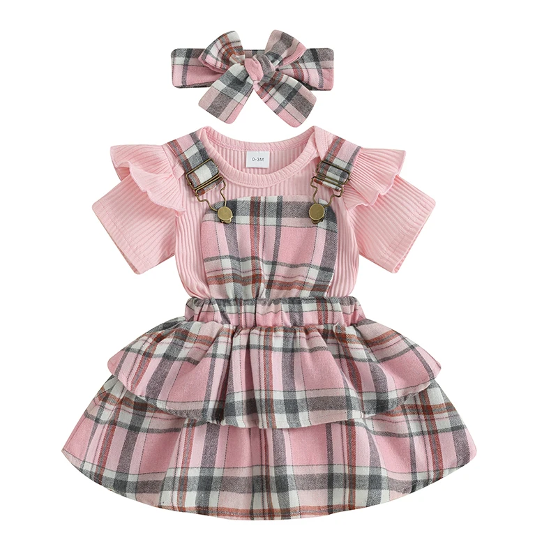 

Baby Girls Summer Outfits Solid Color Rib Knit Short Sleeve Rompers Plaid Suspender Skirts Headband 3Pcs Clothes Set