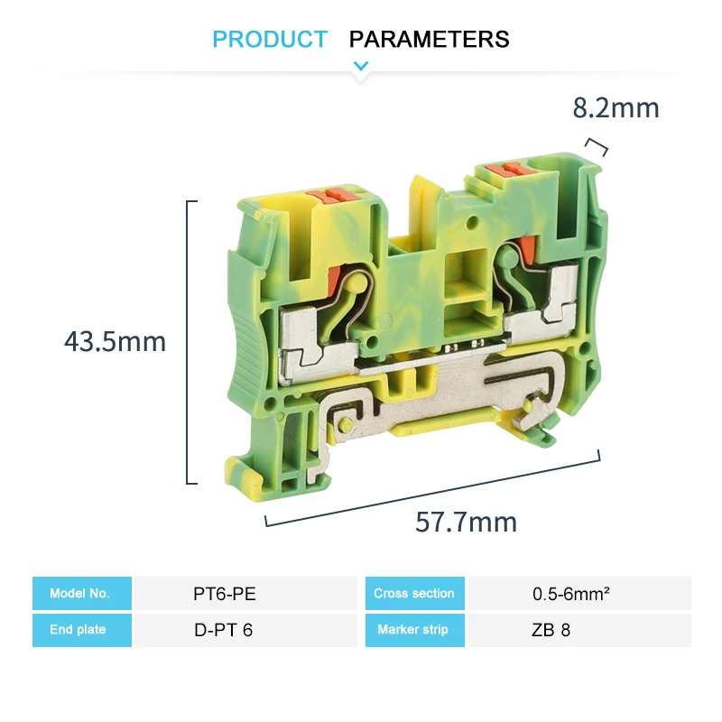 PT6-PE 푸시인 6mm² 접지 Din 레일 터미널 블록 피드스루 보호 접지 스트립 플러그 와이어 전기 커넥터 PT 6-PE
