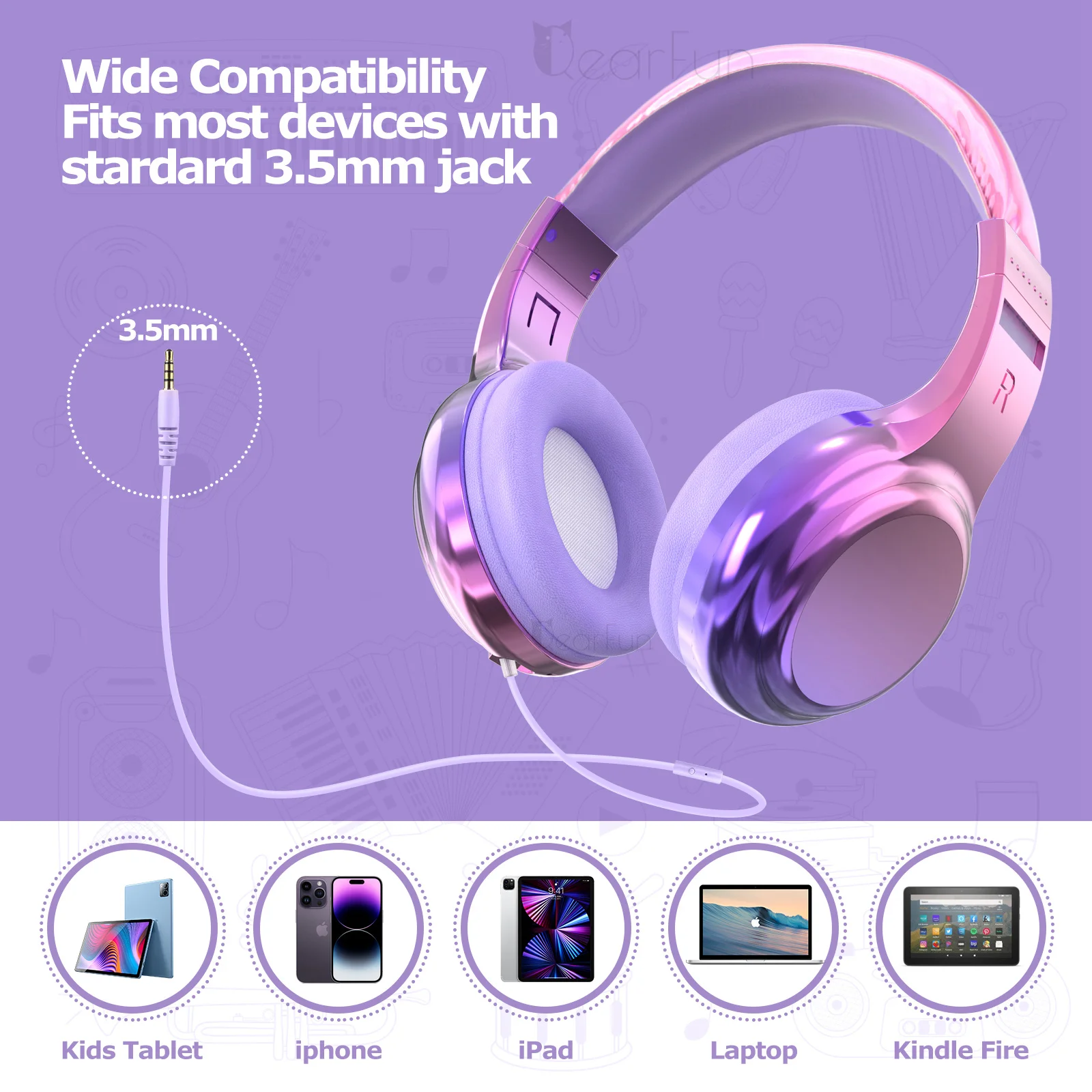 Kids Headphones With Microphone Girls Wired Headphones Adjustable Stereo Headset Children Headphones for School Tablet Kids Gift