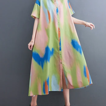 여성용 오버사이즈 루즈한 프린트 셔츠 드레스, 코튼 미디 가디건 드레스, 캐주얼 한국 신상, 빅 사이즈