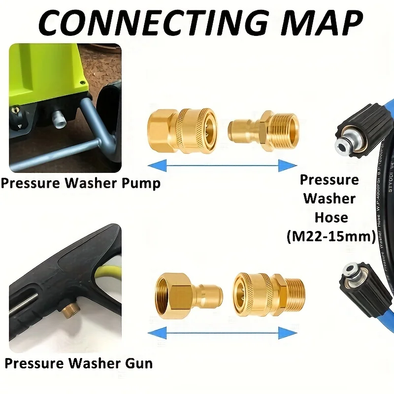 4-Pc High-Pressure Quick Disconnect Adapters, M22-15mm to 3/8", Solid Brass for Electric Pressure Washers 4