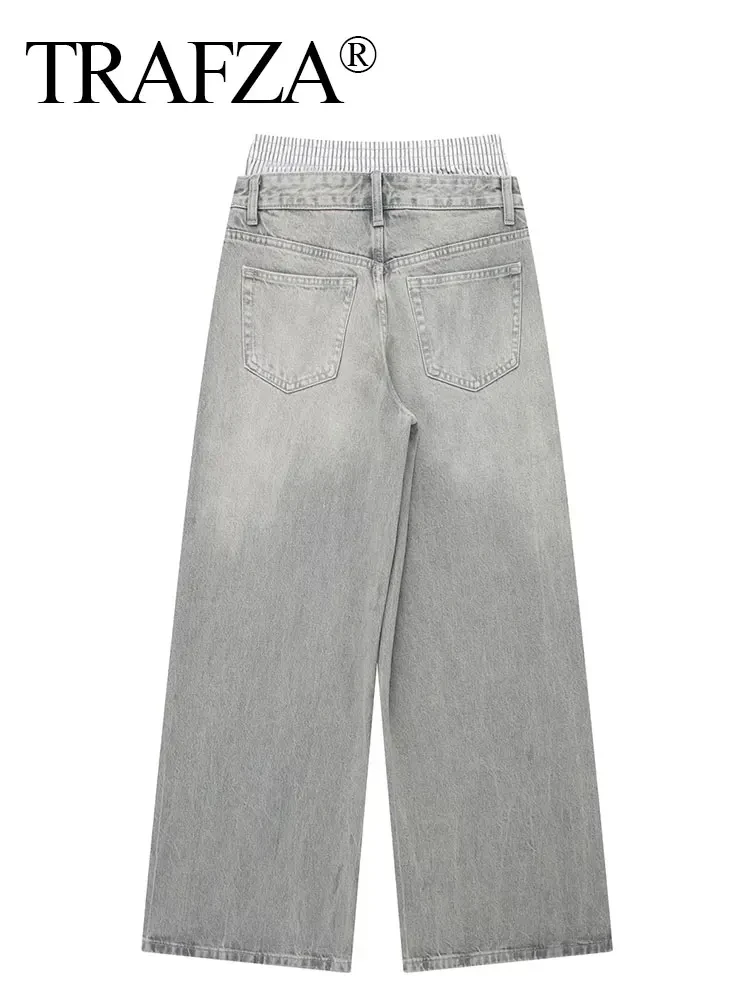 TRAFZA Woman Denim Trousers Patchwork High Waist Loose Zipper Jeans Wild Vintage Commute Streetwear Women's Wide Leg Long Pant