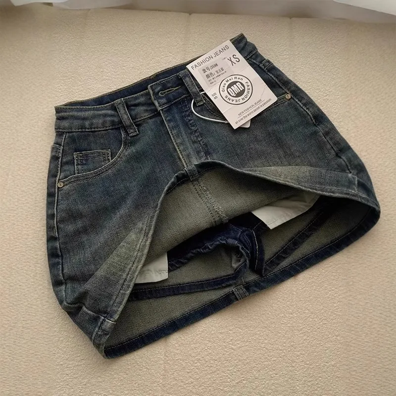 Sexy Retro High Waist A-Line  Skirt Women's Denim Anti-Light Versatile Slimming American Hot Girl Bodycon f-length Sum...