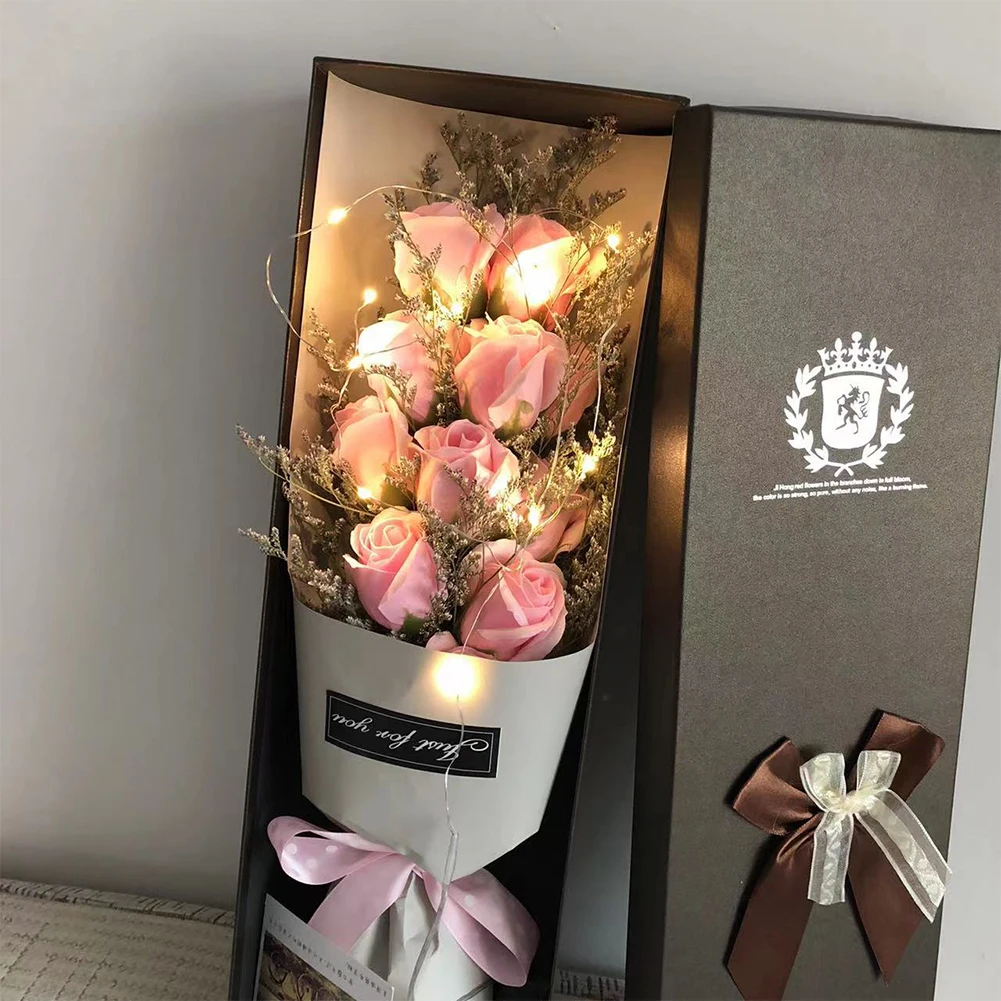 1Pc Soap Rose Flower Bouquet Gift Box With String Light Girlfriend Party Decoration Rose Flower Present Valentine's Day Gift