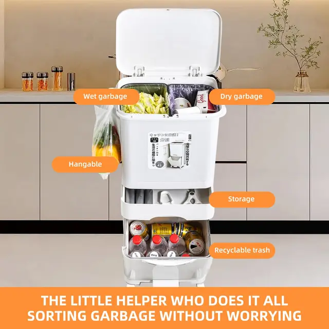 Garbage Classification 42L 3Layers Plastic Trash Bin Home Kitchen Garbage Classification Can with Wheels Garbage Storage 3