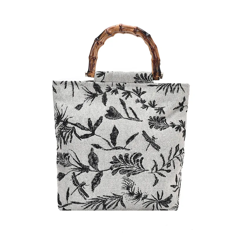 Chinese Style Vintage Flower Pattern Handbag Fashion Trend Bamboo Handle Tote Bag Women's Cheongsam Han Chinese Clothing Bag