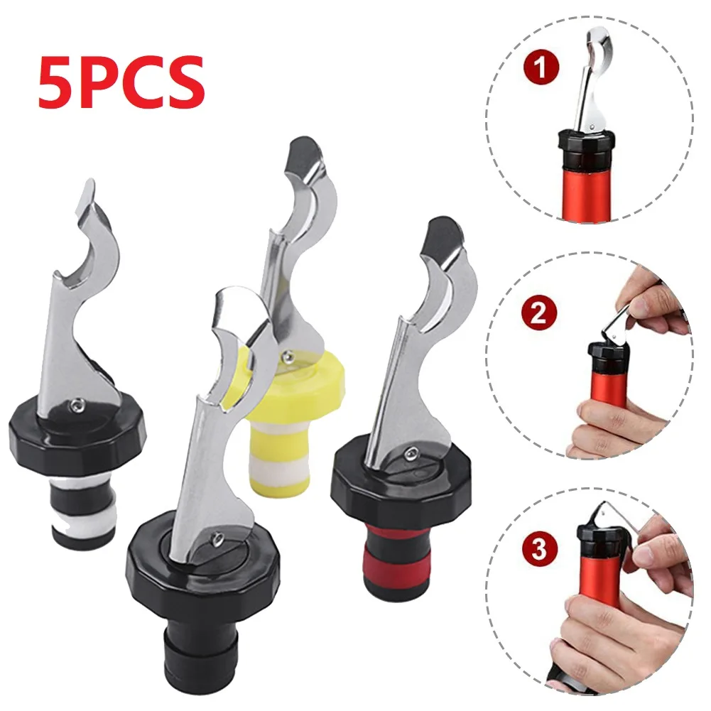 

5pcs Bottle Stoppers Wine Bottle Cork Silicone Rubber Stainless Steel Vacuum Sealer Kitchen Supplies Bar Tools Accessories