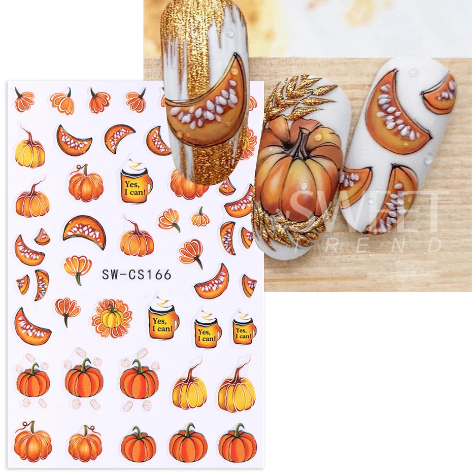 3pcs Autumn Pumpkin Nail Stickers 3D Maple Leaf Pine Fruit Flower Self-Adhesive Nail Decals DIY Thanksgiving Manicure Decoration