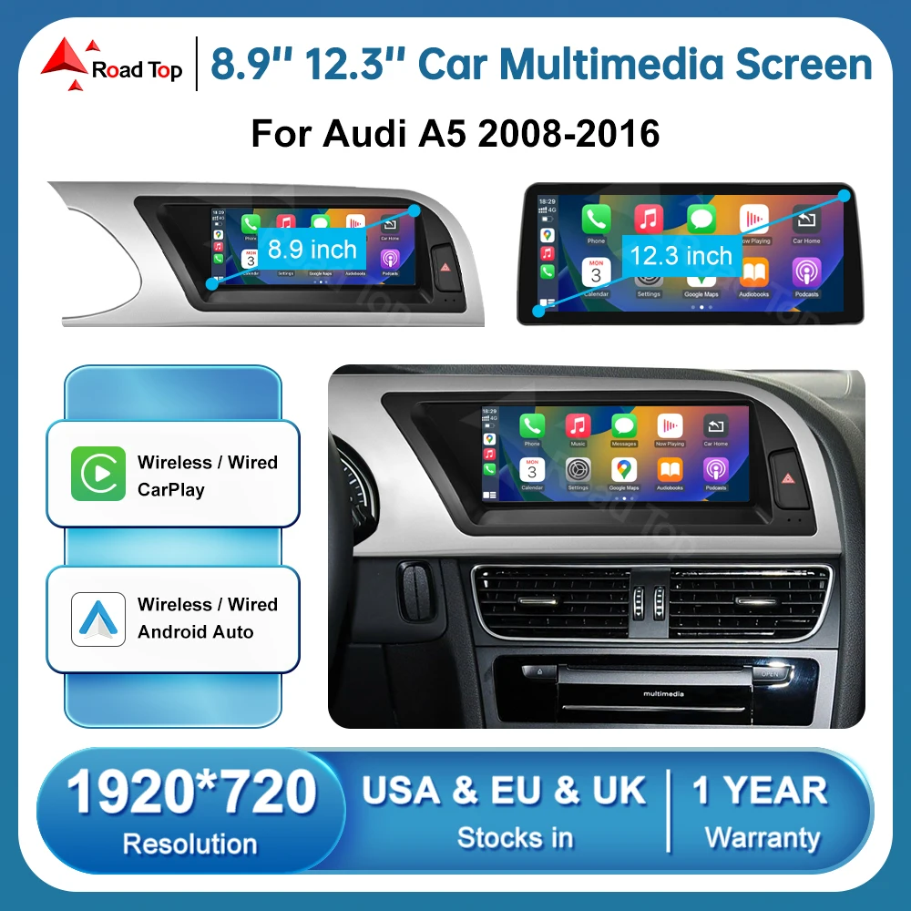 Road Top 12.3 Inch Autoradio Draadloos CarPlay Touchscreen voor Audi A1 2012-2018 Jaar, Autoradio Stereo Multimediascherm, Ondersteuning Draadloos Android Auto, Navigatie, Mirrorlink