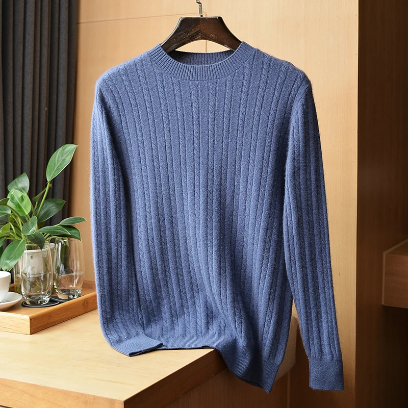 100% Pure Cashmere Sweater Men's O-neck Pullover Spring and Autumn New Twisted Cashmere Sweater Korean Fashion Luxury Jacket