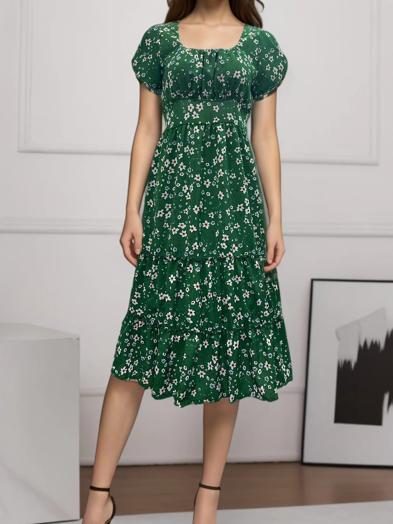 

Elegant Women's Chiffon Dress 2024 Summer Square Neck Short Sleeve Green Dress Robe Robe Maxi Elegante Платье Летнее Vestidos