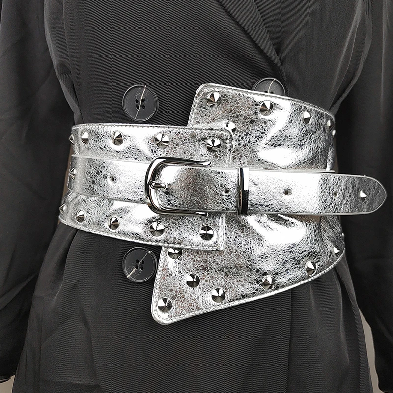 

Bright Silver Vintage Rivet Women Faux Leather Waist Corset Elastic Wide Belt Body Shaper Slim Waistband for Daily Coat Dress