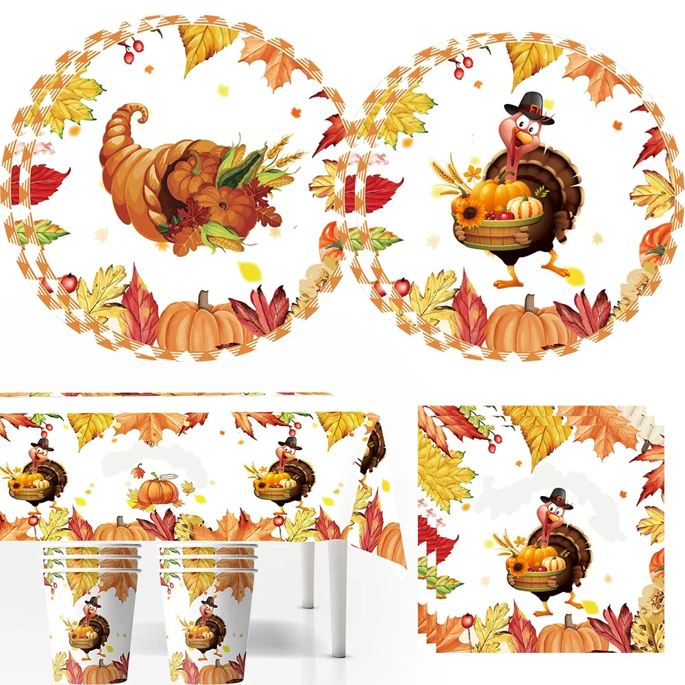

Thanksgiving Tableware Party Supplies Turkey Pumpkin Maple Holiday Tablecloth Decoration Balloon Cup Plate Napkin Cake Topper