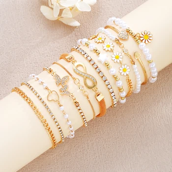 12PCS Boho Infinity Symbol Daisy Flower Bracelets for Women Retro Gold Color Heart Butterfly Crystal Bracelets Set Party Jewelry 1