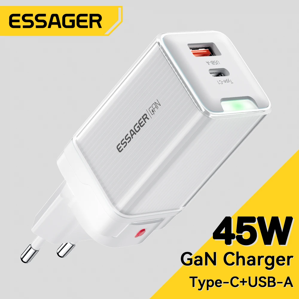 Essager GaN 45w USB A Charger Type C Quick Charge 2 in 1 Fast Charging For iPhone 14 13 12 MacBook Samsung