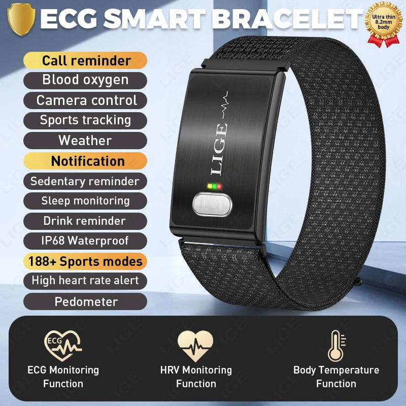 LIGE M's EKG-Gesundheitsuhr mit Blutdruck-, Herzfrequenz- und Temperaturmessung, 188 Sportmodi und kabellosem Smart-Armband_voghion.com
