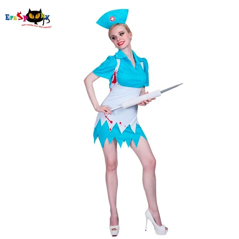 

2022 Women Blue Sexy Zombie Bloody Nurse Costume Dresses Lady Halloween Cosplay Scary Party Carnival Easter Purim Fancy Dress