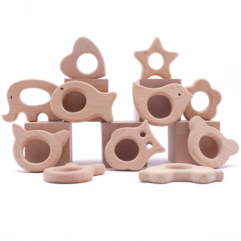 5 stücke Holz Beißring Nagetier Schnuller Anhänger Holz spielzeug DIY Baby Halskette Geschenk bpa frei Buche Igel Vogel Elefant Hase