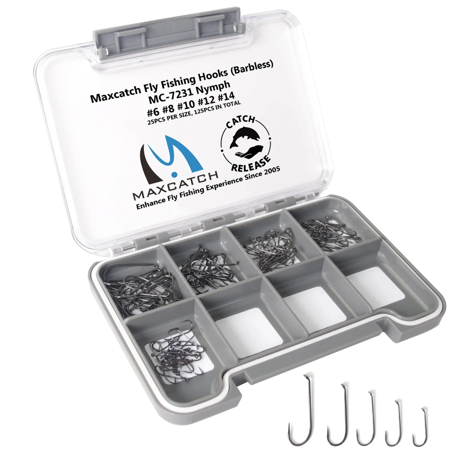 MAXCATCH 125-teiliges Set mit fliegenbindehaken ohne Widerhaken 6 # -18 # Nymphen-Jig Geschmiedete Fliegenfischerhaken für Forellen, Lachse, Barsche, Trocken- und Nassfliegen – Detail 12