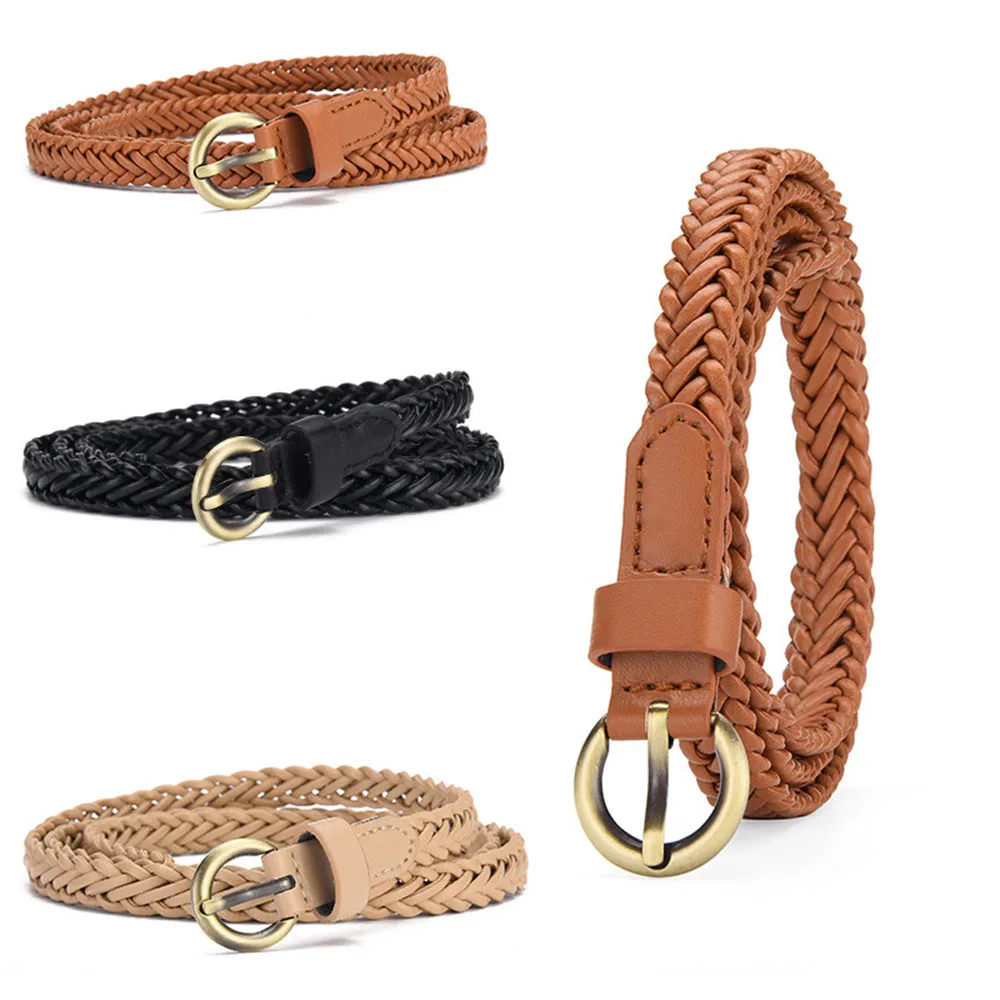 

Braided Thin Waist Belt PU Leather Narrow Waist Strap Causal Jeans Dress Waistband Bronze Pin Buckle Hand-Woven Belt Solid Color