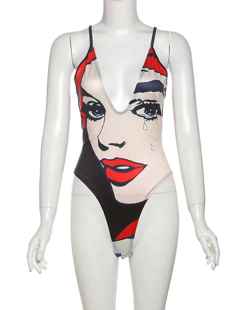 Nibber Slim Doodle Print Bodysuit Women Beach Vacation Deep v-Neck Sleeveless Tight Stretch Wild Hipster Midnight Club Body Tops