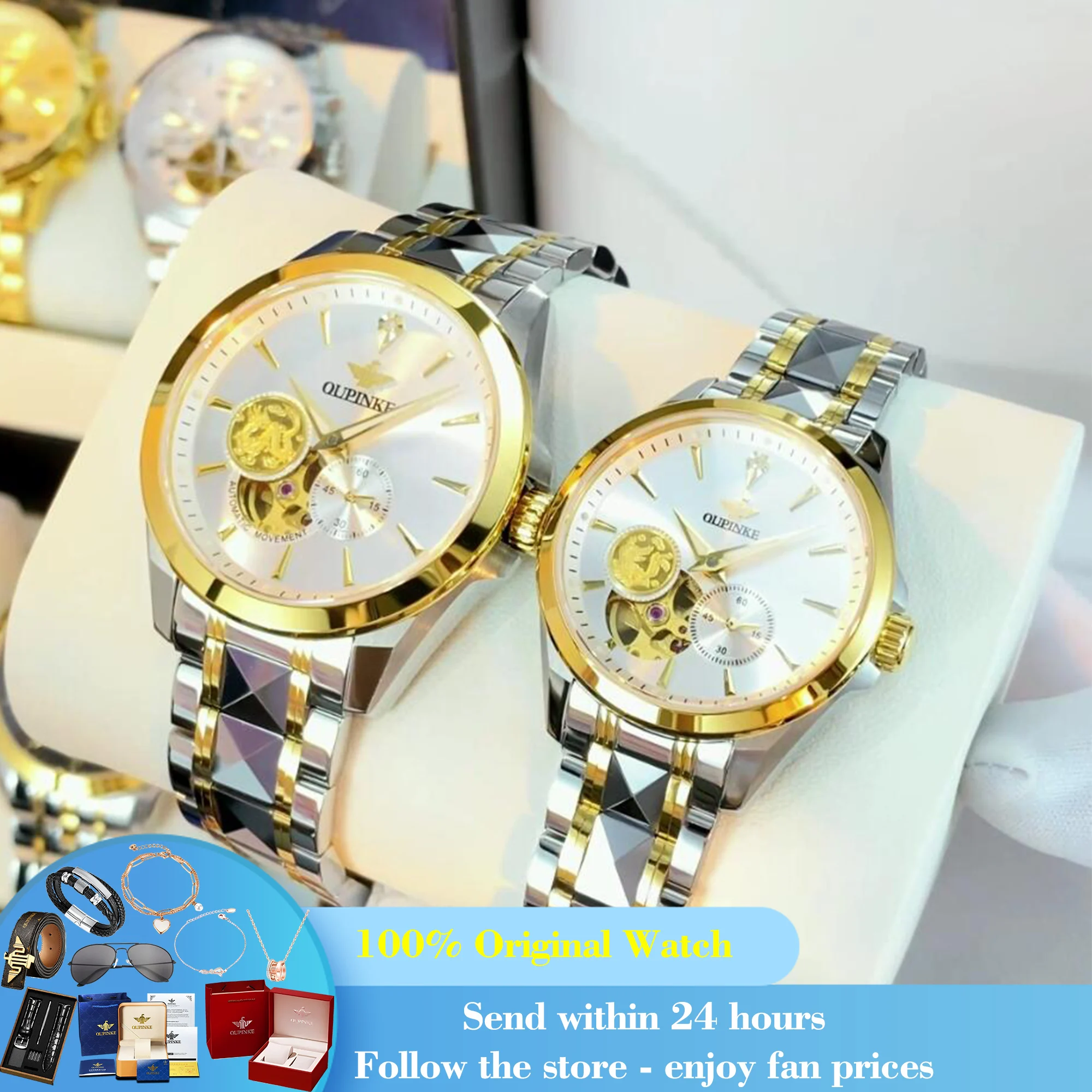 OUPINKE 3260 Automatic Couple Watch Real Diamond Import Mechanical Movement Hollow Wristwatch Sapphire Mirror Waterproof Watches