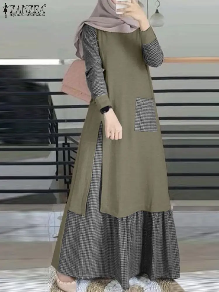 Fashion Patchwork Long Dresses Women Vintage Muslim Checked Dress ZANZEA Overszie Robe Femme Turkey Abaya Long Sleeve Vestidos - Image 4