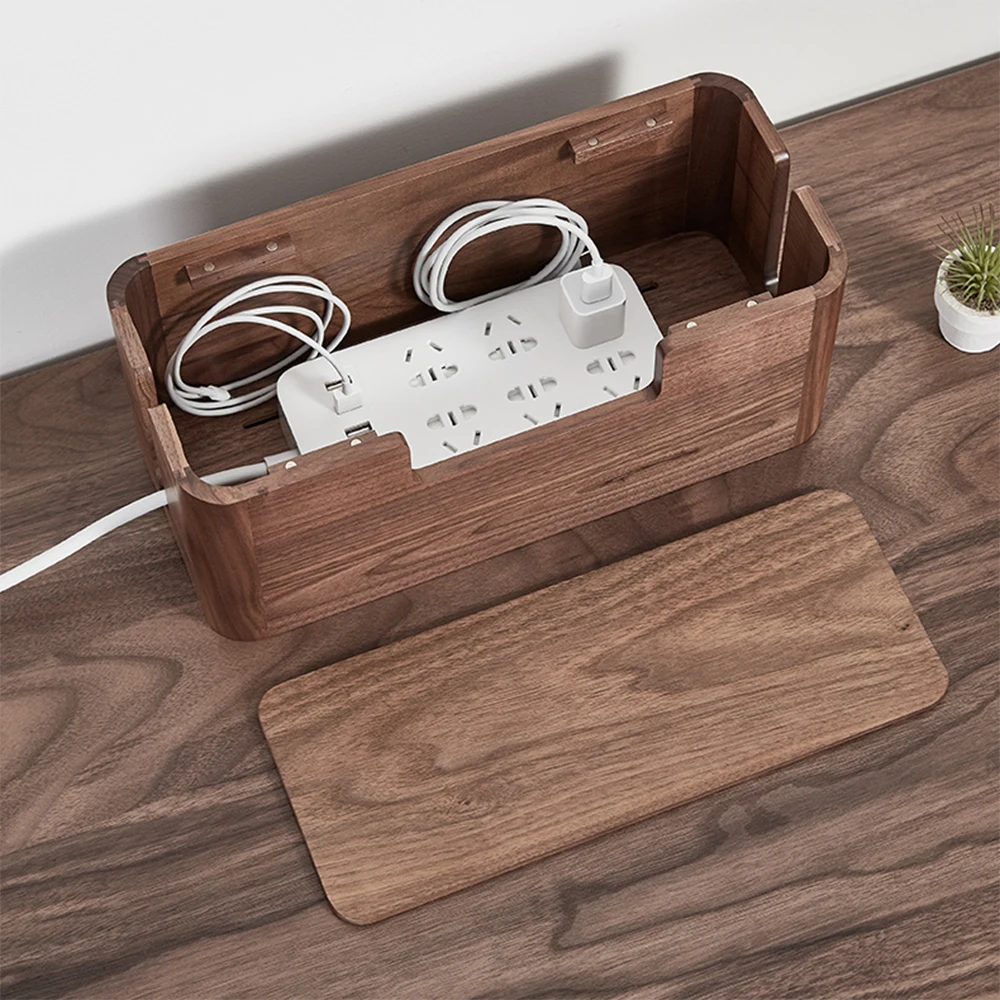 

Black Walnut Wood Table Wire Cable Organizer Solid Wooden Junction Box Cable Winder Storage Box Desktop Clip Holder For TV Box
