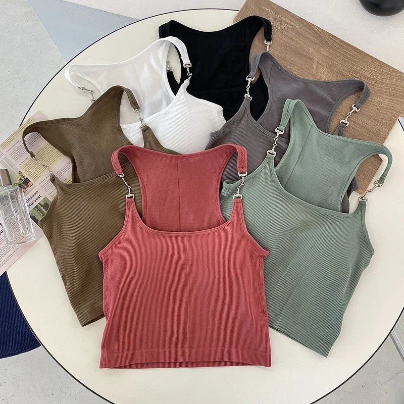 

Metal Chain Shoulder Strap Tank Tops for Women Summer Sleeveless Corset Knited Crop Tops with Chest Pad Tanks Camisoles Y2k Top