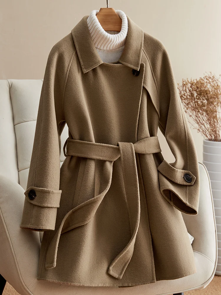 

Double sided zero cashmere coat for women in autumn and winter 2023, new Korean high-end doll neck woolen jacket for small