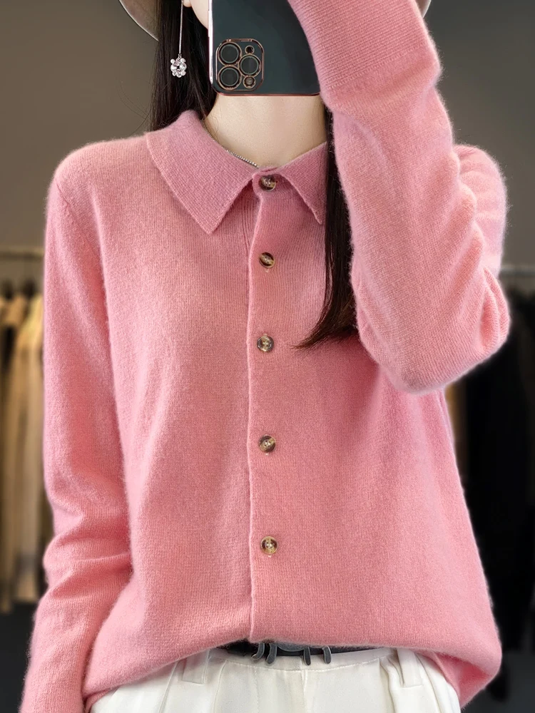 

Autumn Winter Outfit 100% SweaterCardigan Women's Cardigan Shirt Collar Long Sleeved Cardigan POLO Cardigan Bottom Knit Sweater