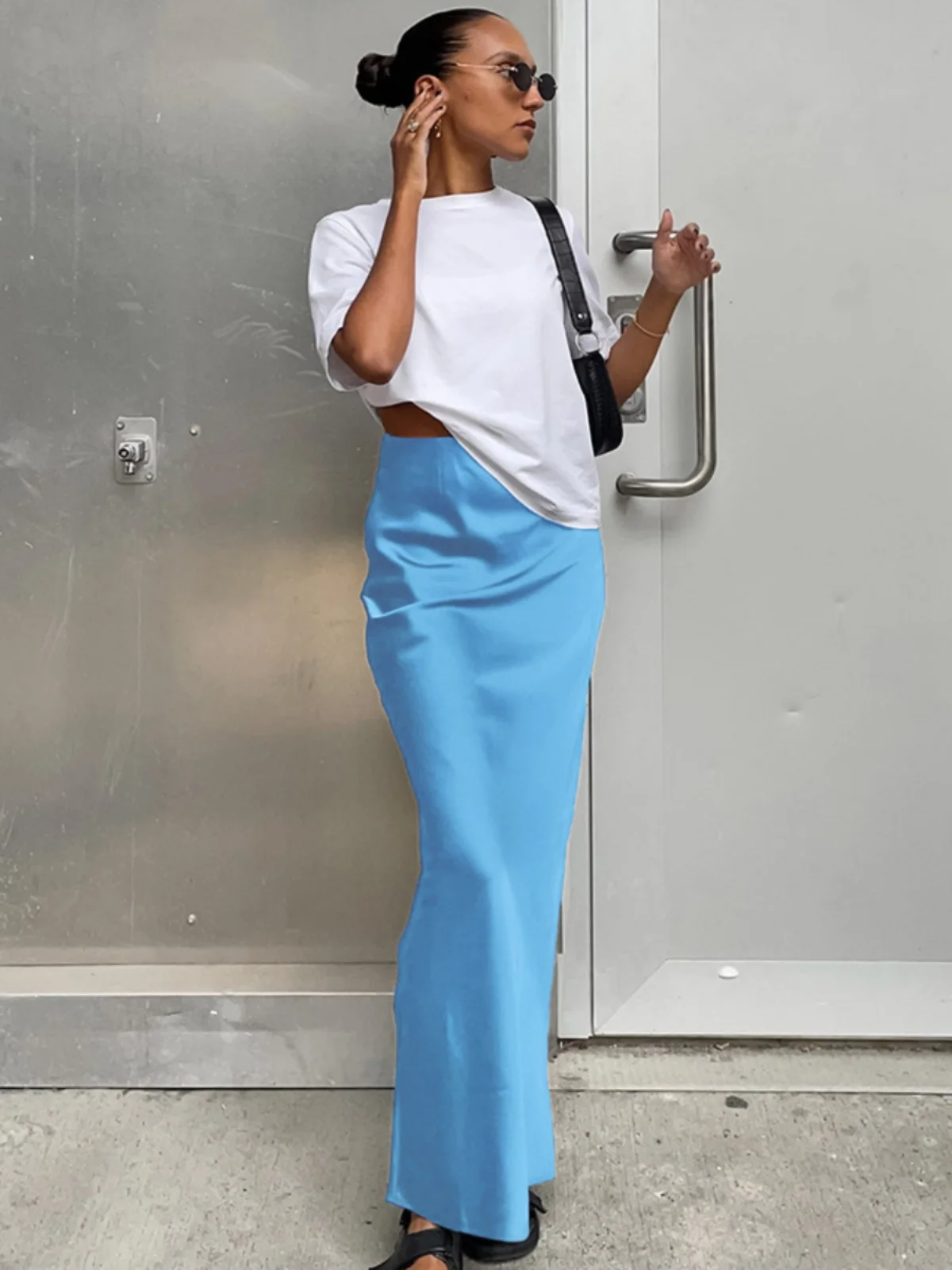 Versatile Pure Color Silk f-length Skirt High-waist Bodycon Long Skirt Spring Summer New Sle Women's Street Sle Polyester