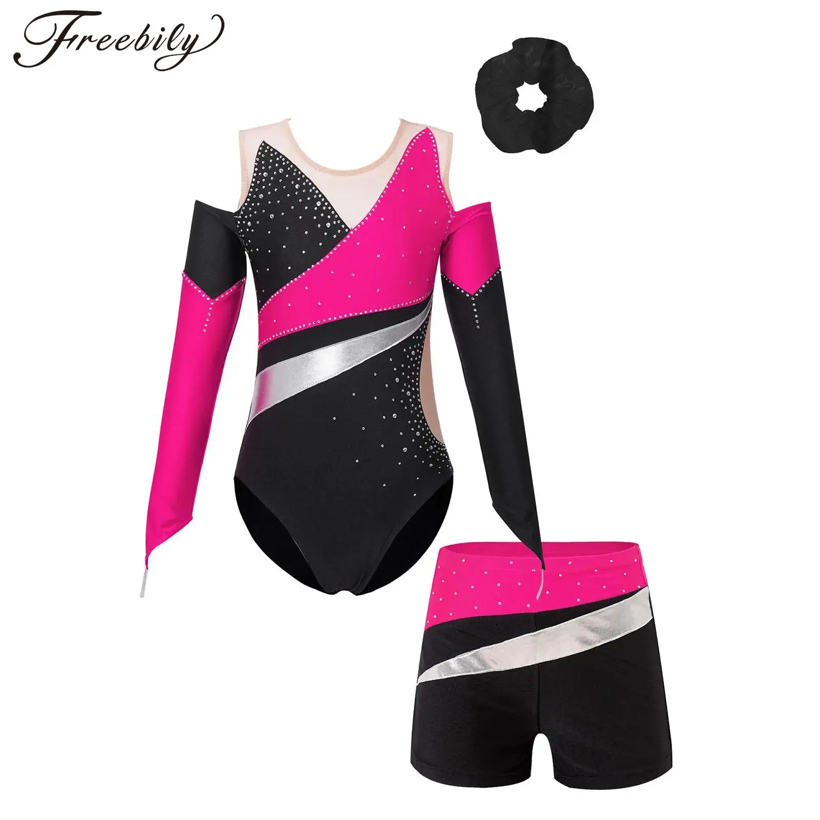 

Kids Girls Ballet Dance Leotard Set Figure Skating Gymnastics Dancewear Long Sleeve Rhinestone Bodysuit with Shorts Hair Band