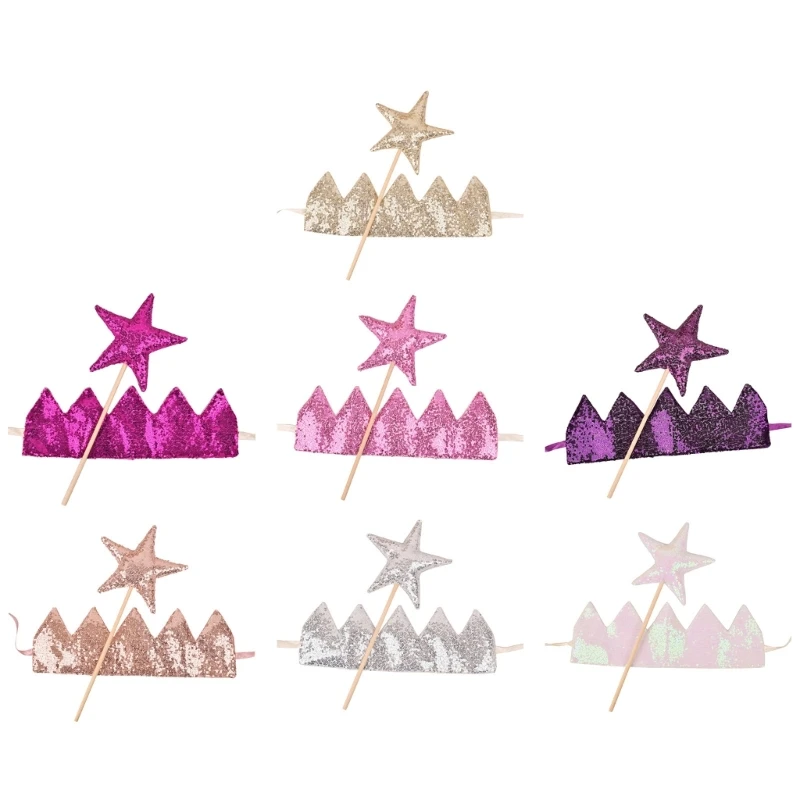 

Baby Showers Gift Girls Glitter Headwear with Star Fairy Stick Birthday Party Stage Performances Headband Set