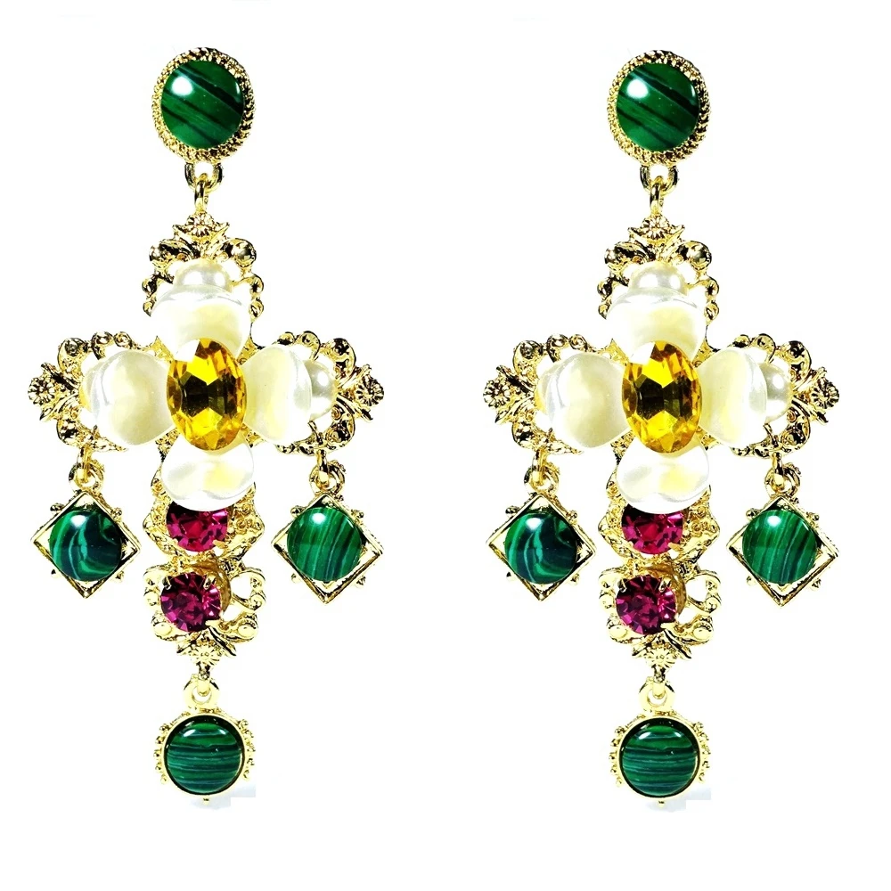 

Stunning Vintage Golden Filigree Green Dangle Plumeria Cross Earrings for Summer Vacation Beach Party Ball Prom Oversize Jewelry