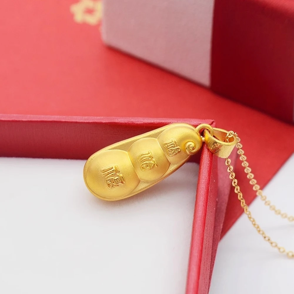 Real Pure 999 24K Yellow Gold Men Women Gift Lucky Bless Characters Fu Bean Pendant 1.9-2g