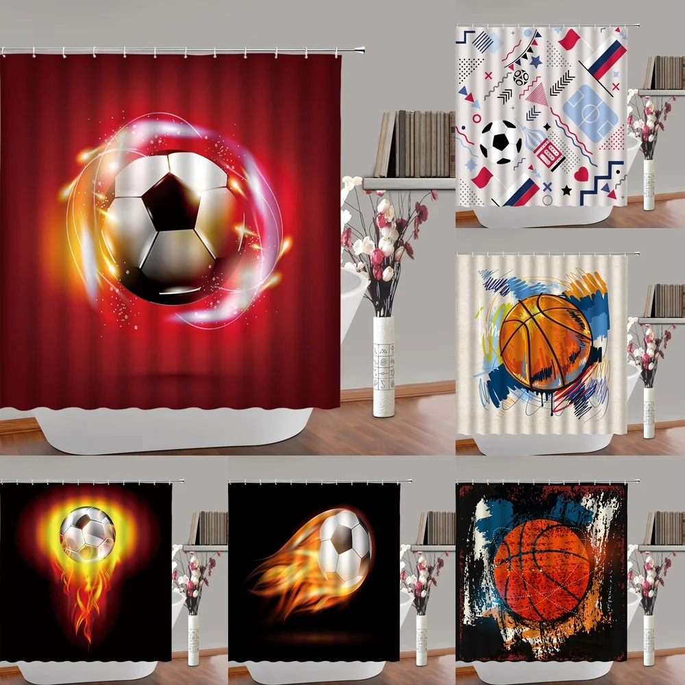

Sports Soccer Shower Curtain Fire Flame Football Ball Bath Curtains Fabric Mens Boys Bathroom Decor Home with Hooks Waterproof