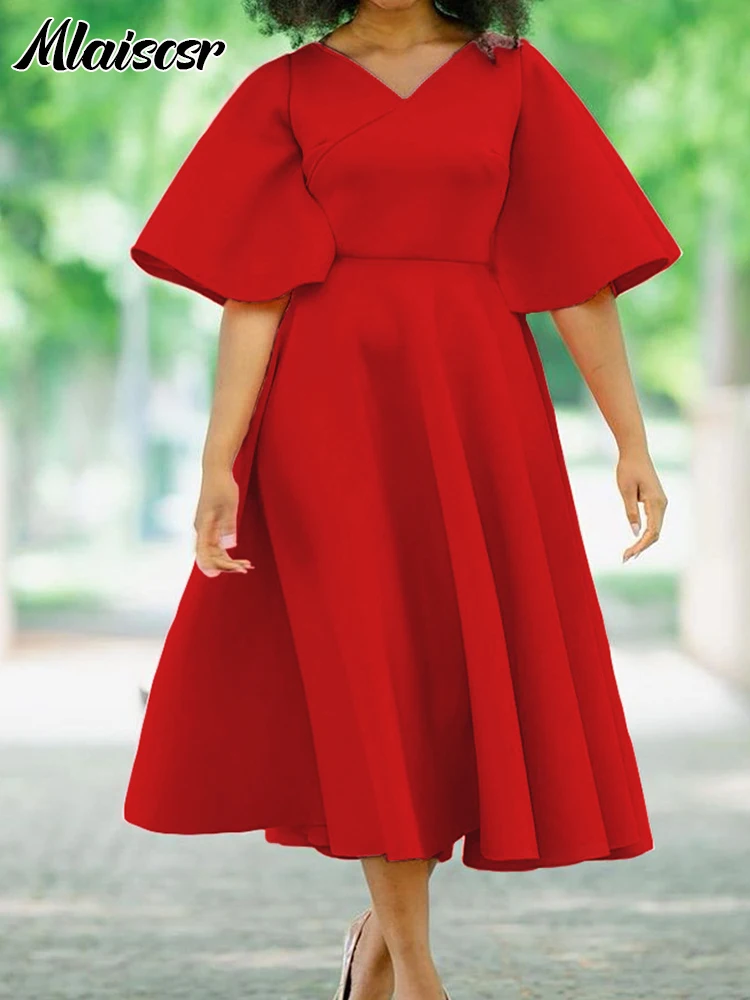 Mlaiscsr Women's Elegant Office Blue Mid Dress V-Neck Ruffle Sleeve High-Waisted Pleated A-Line Birthday Dinner African Vestidos - Image 4