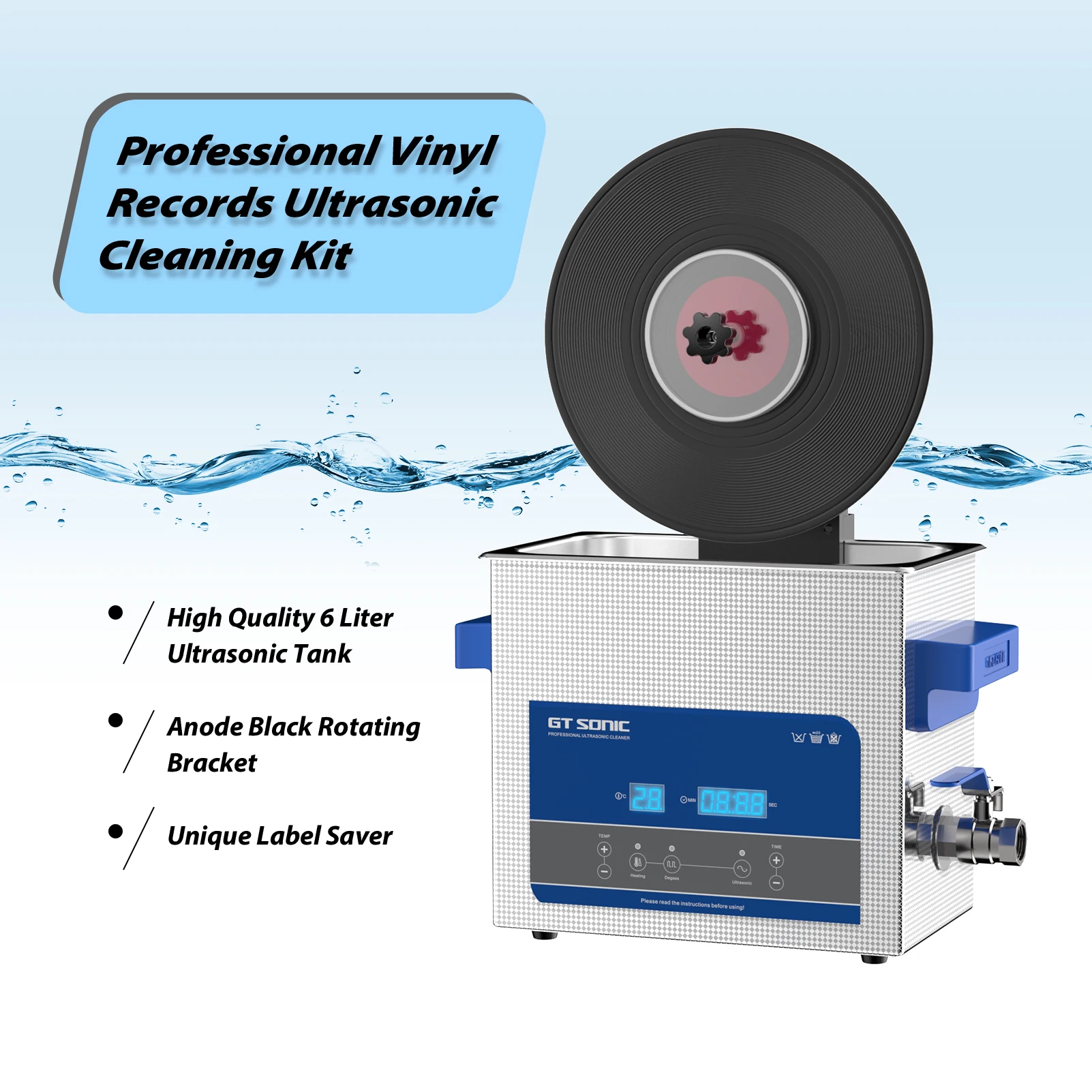 6L Ultrasonic Vinyl Record Cleaner with Bracket Rotating Washer With 6pc  Lable Saver for Wash 7-12 Inch LP EP Discs
